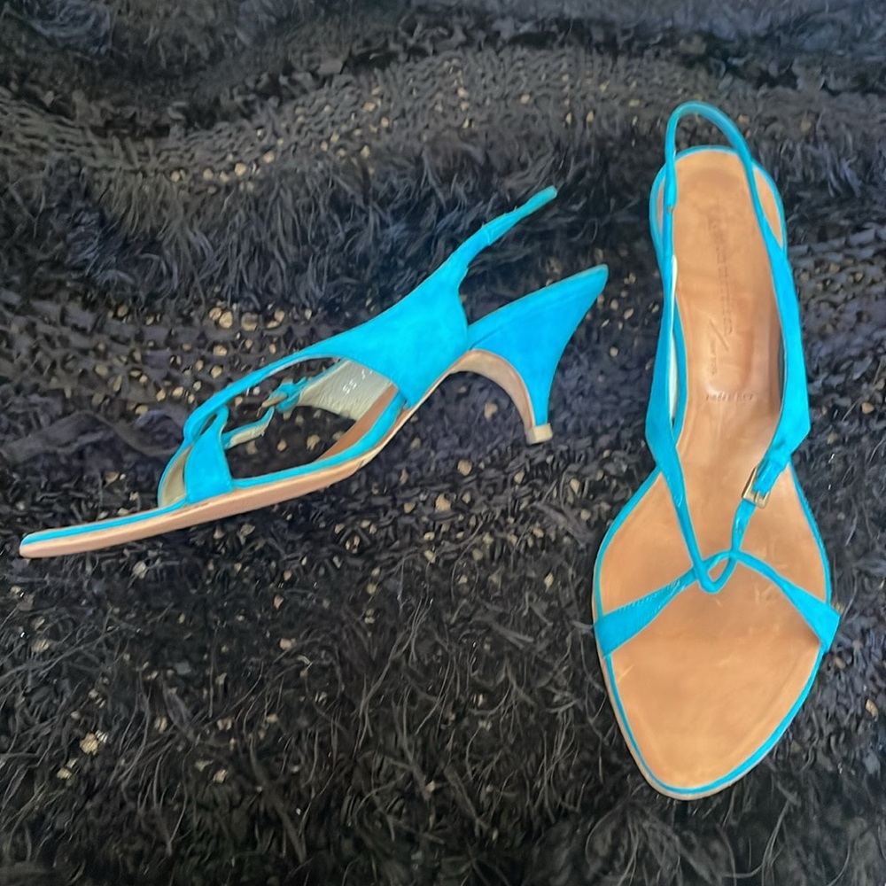 Sigerson Morrison Turquoise Suede Kitten Heel Slingback Sandals